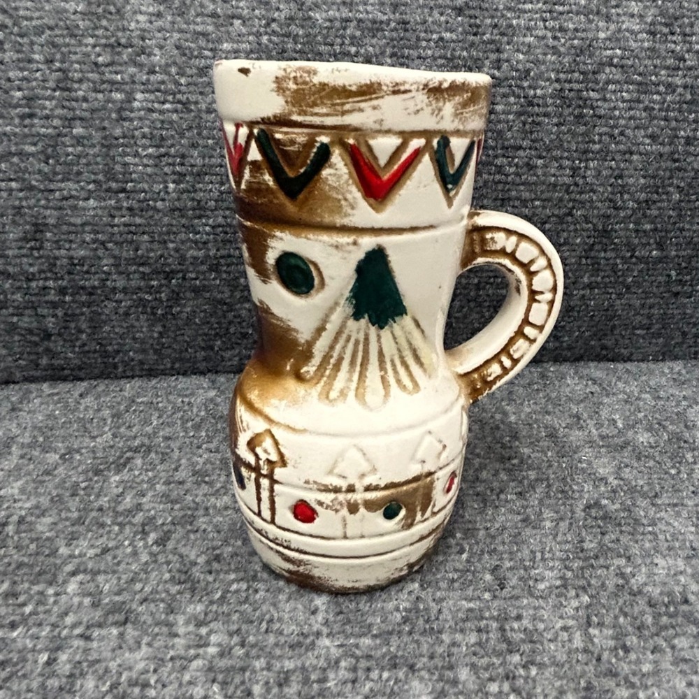 Vintage Hand Painted Ceramic Tiki Mug Tribal Geometric Small Pitcher Brown Cream